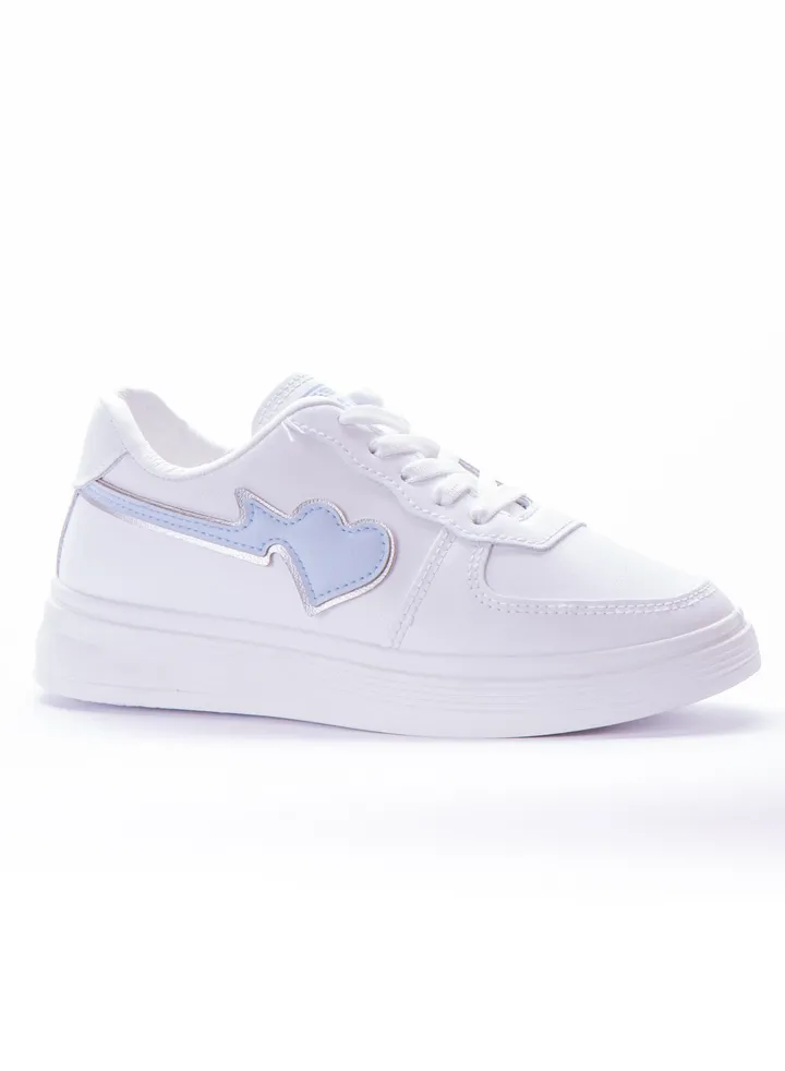 Heart-drawing Flat Leather Sneakers - White Bluy Sky KO-46