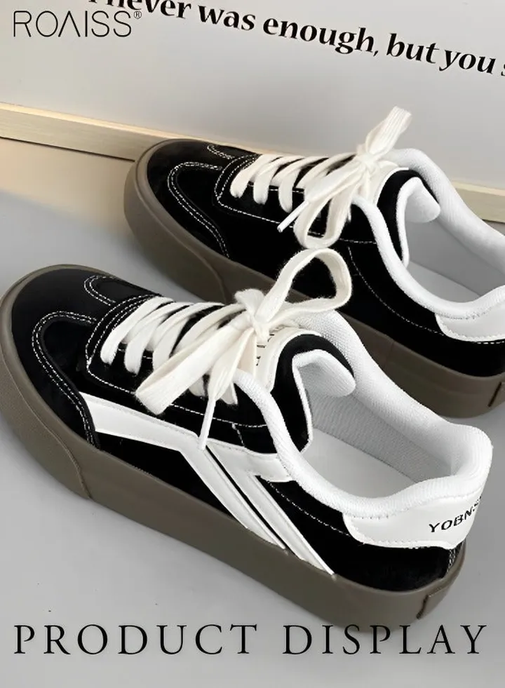 Women's Matte Pu Leather Patchwork Casual Shoes Lace Up Design Anti Slip Thick Sole Flat Sole Sneakers Fashion Versatile Canvas Shoes