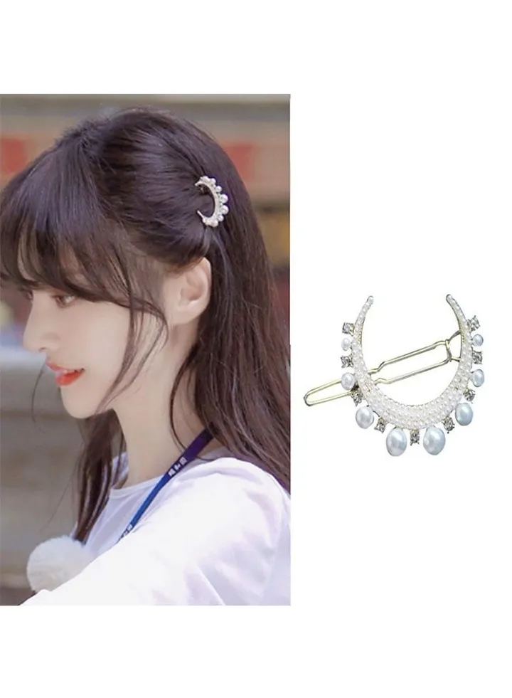 Boho Rhinestone Moon Hairclip Gold Pearl Moon Hair Barrette Pin Pearl Crystal Hair Clips Pin Crescent Hairpins Clip Decorative Hair Accessories for Women and Girls Headdress