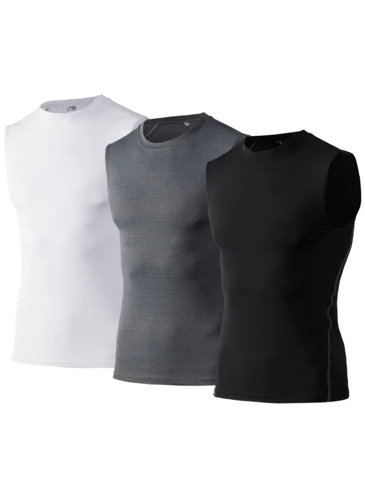 3-Piece Compression Workout Sleeveless Vest Set Black/White/Grey