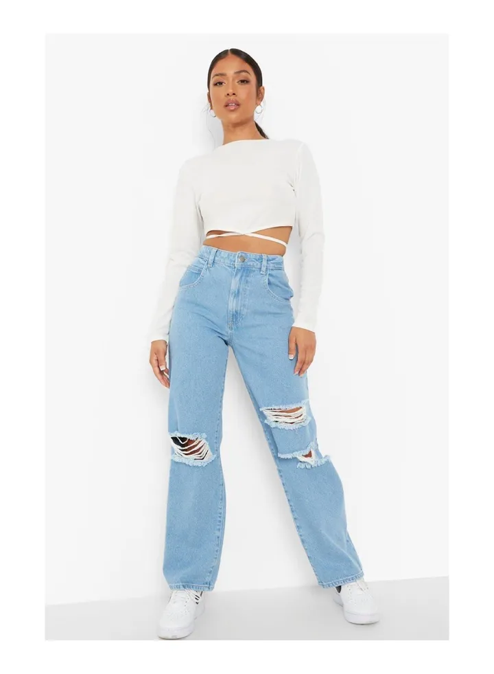 Petite Acid Wash Busted Boyfriend Jeans