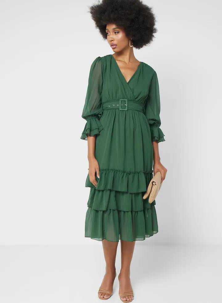 Ruffle Hem Belted Dress