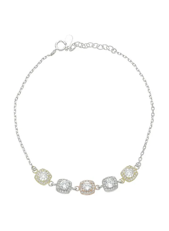 925 Sterling Silver Tri-Tone Solitaires Bracelet