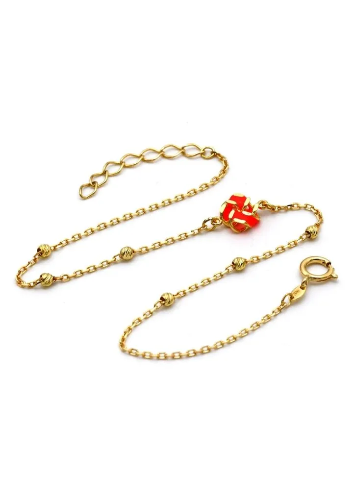 Real Gold 3D Red Flower With Beads Ball Bracelet 7765 BR1495