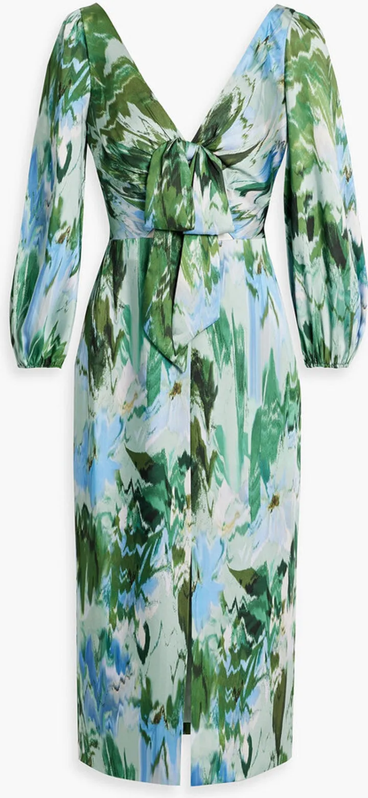 Bow-embellished printed satin-twill dress