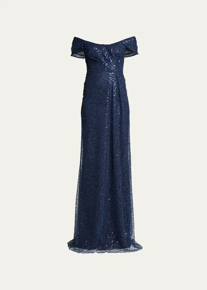 Beaded Tulle Draped Off-Shoulder Gown