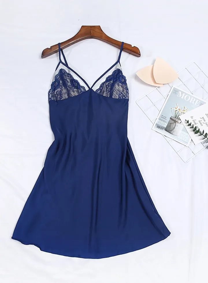 Women Backless Lace See Through Babydoll Dress Navy Blue