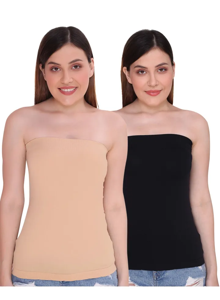 Women's Strapless Stretchable Long Bandeau Tube Top Camisole, Pack Of 2 Black Beige
