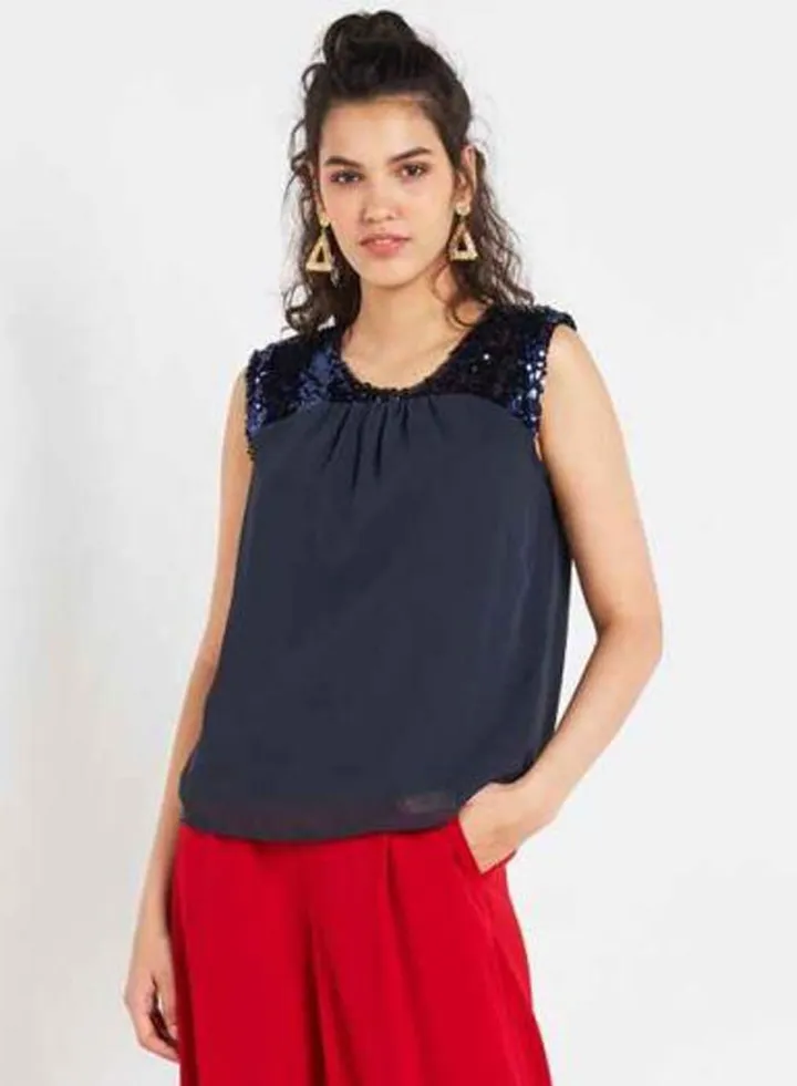 Sequin Trim Tank Top Navy