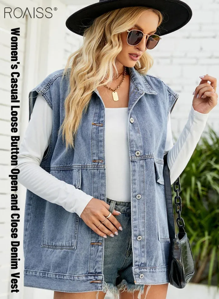 Women'S Fashion Lightweight Denim Vest Casual Loose Lapel Sleeveless Design 6 Buttons Open And Close Practical Large Pockets On Both Sides