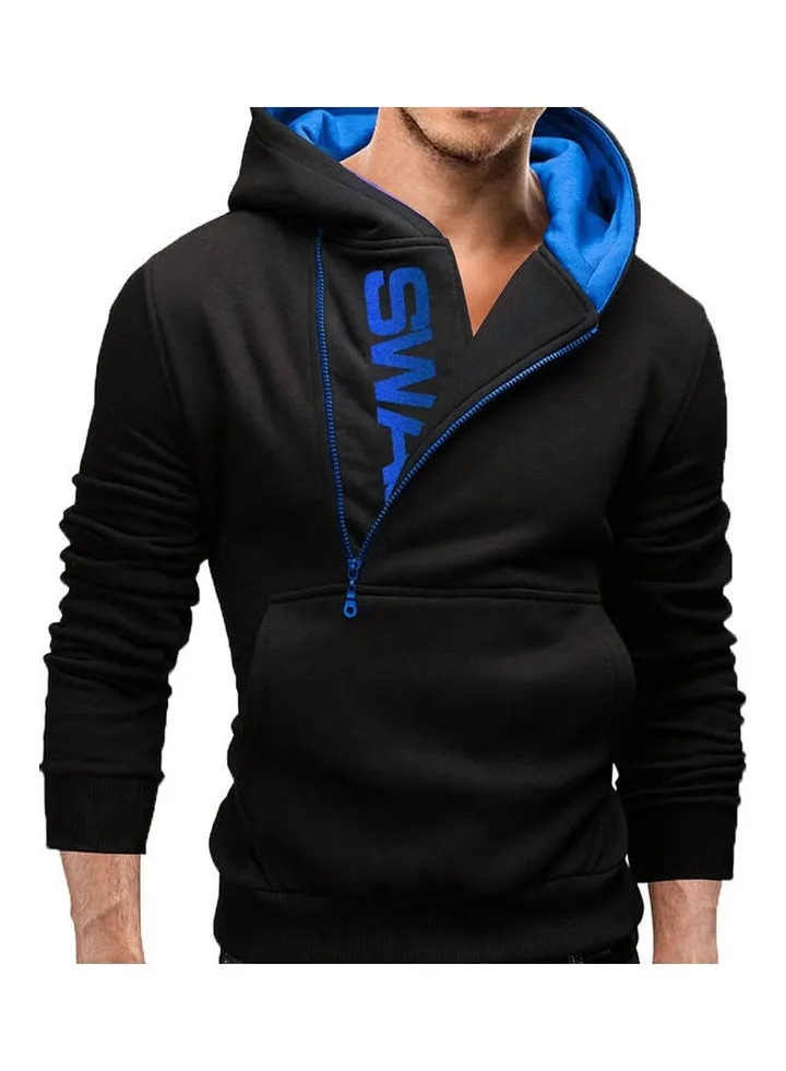 Printed Half Zip Up Hoodie Black/Blue