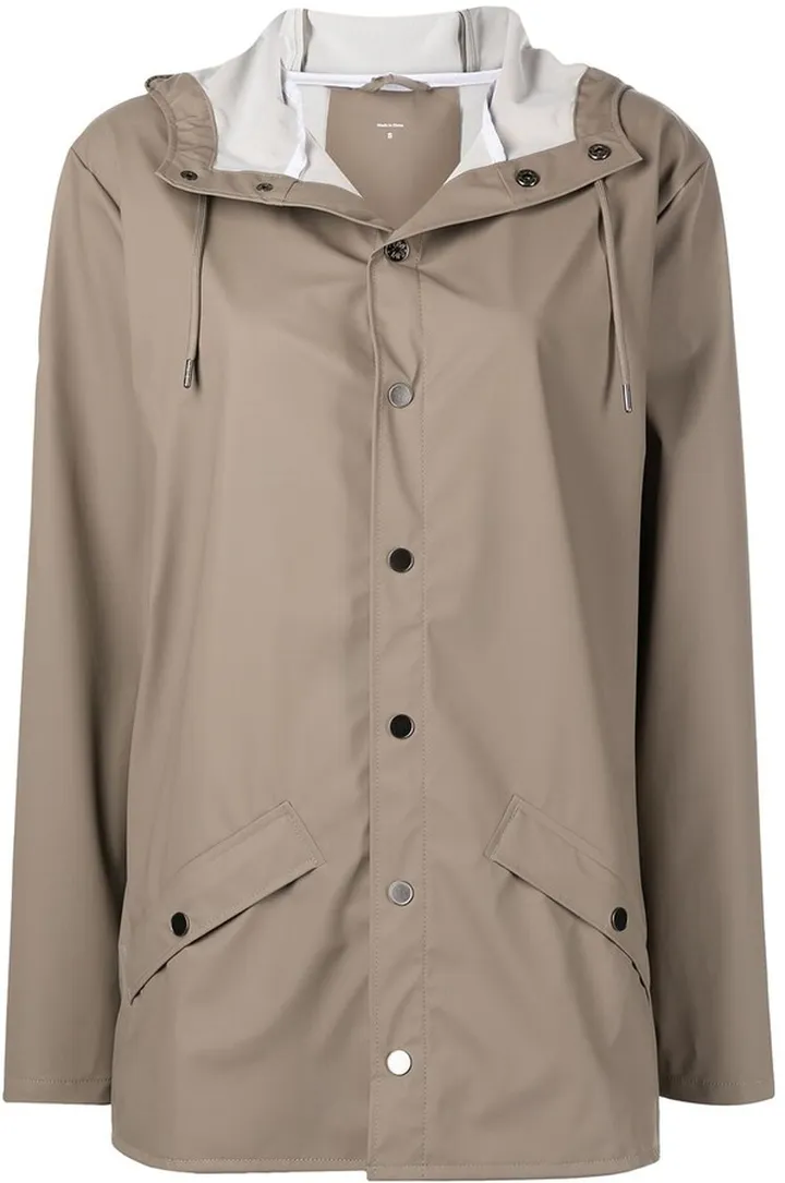 Drawstring-Hood Buttoned Rain Jacket