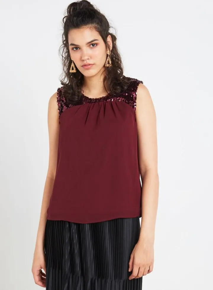 Sequin Trim Tank Top Burgundy