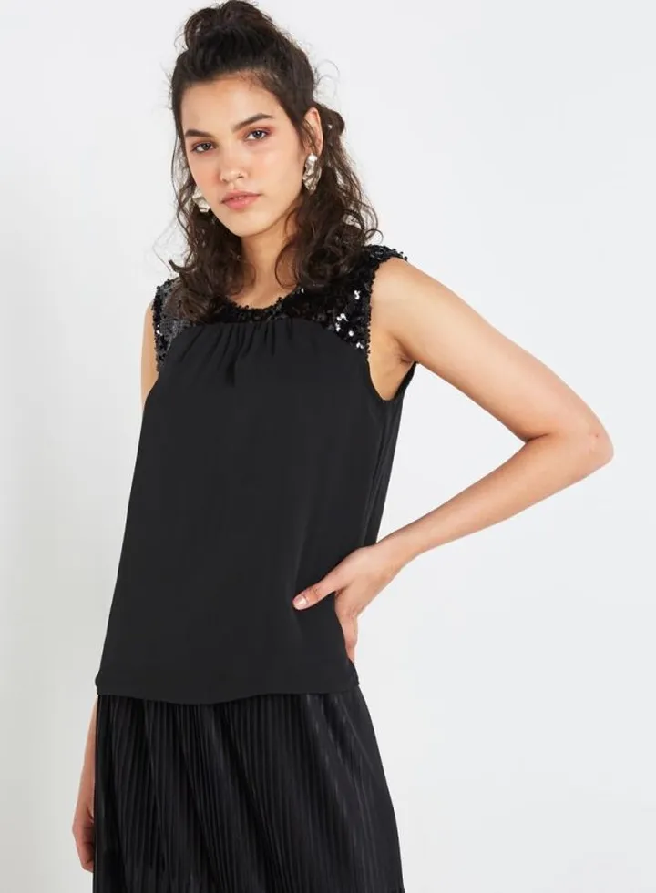 Sequin Trim Tank Top Black