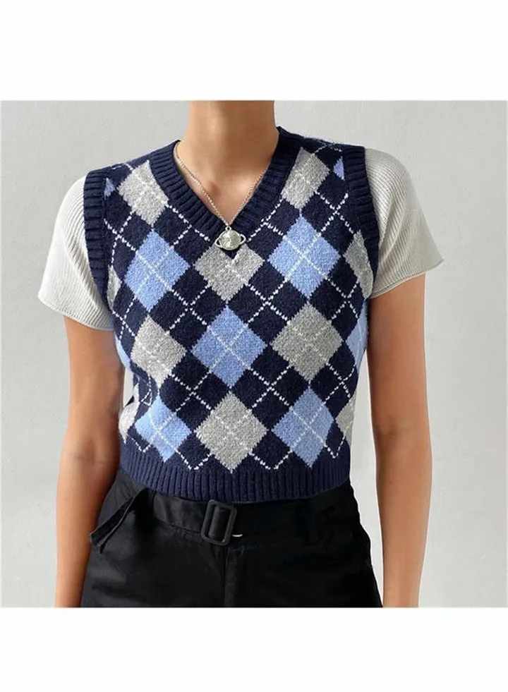 Women's Fashion Knitted Sleeveless Top College Style Retro Rhombic Tank Classic V-Neck Short