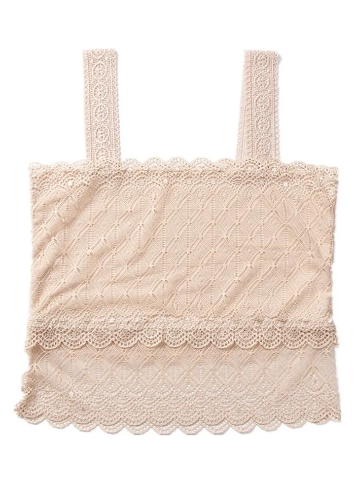 Double Shoulder Strap Detail Hollow Out Top Beige