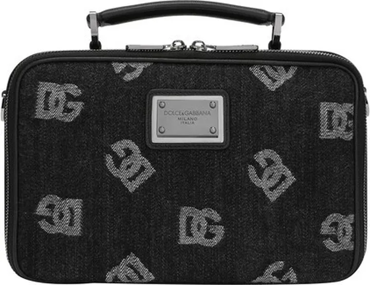 Calfskin and denim crossbody bag with logo