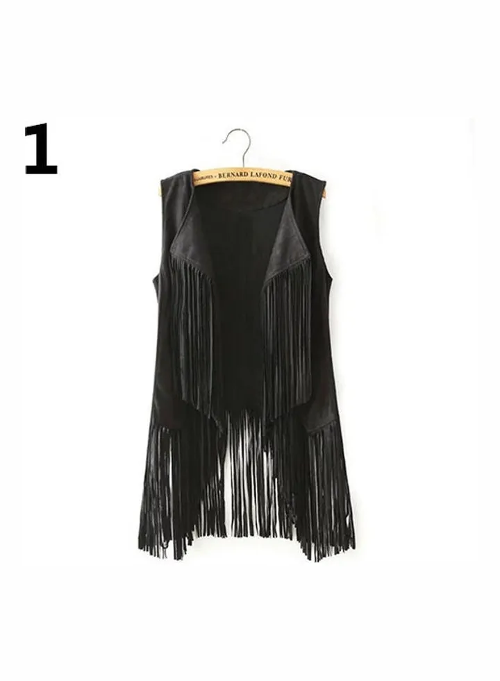 Women Autumn Fashion Suedette Sleeveless Tassel Fringed Jacket Vest Waistcoat Black