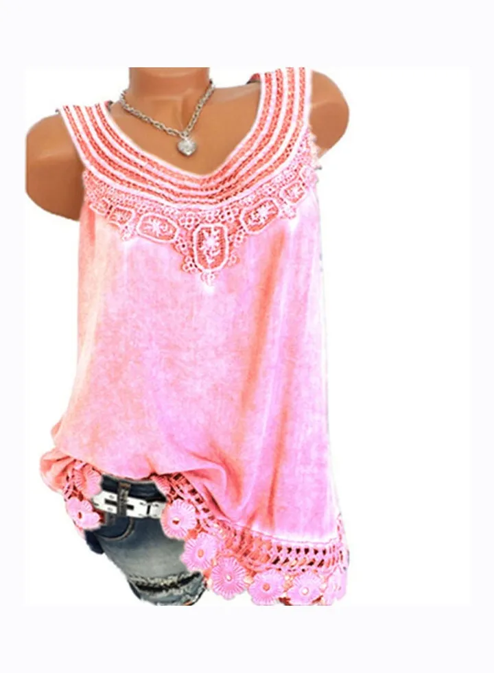 Summer Casual Lace Patchwork Sleeveless Tank Top Pink