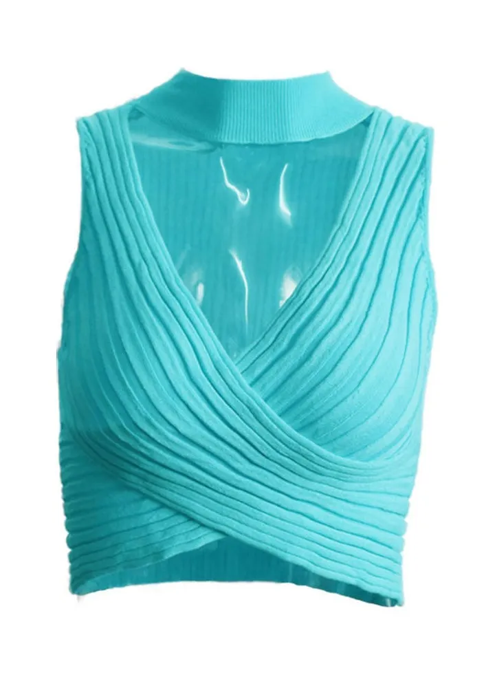 Sleeveless Knitted Crop Top Lake Blue