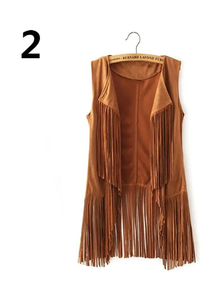Women Autumn Fashion Suedette Sleeveless Tassel Fringed Jacket Vest Waistcoat Orange