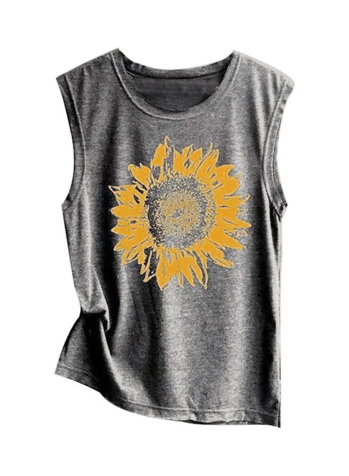 Casual Women Sunflower Print Loose Vest Sleeveless T-Shirt Grey