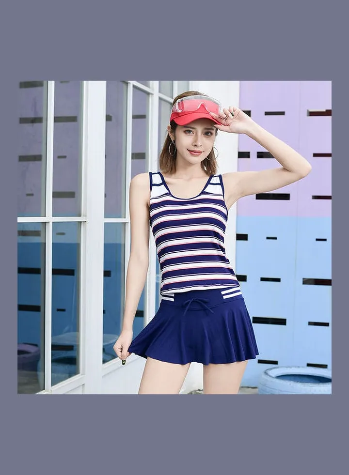 2-Piece Sport Beach Wear Swimsuit with Pleated Shorts Navy