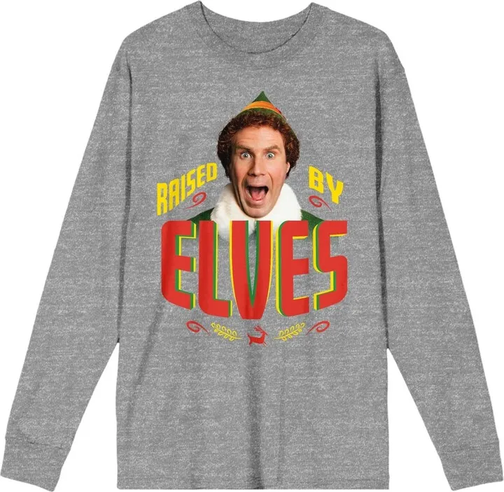 Elf Movie Buddy “Raised By Elves” Women’s Heather Gray Long Sleeve Crew Neck Tee-Large