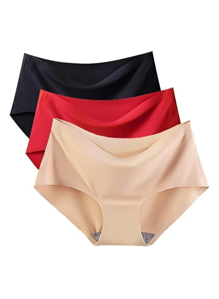Women's Seamless Ice Silk Panties (Pack of 3) Black/Beige/Red