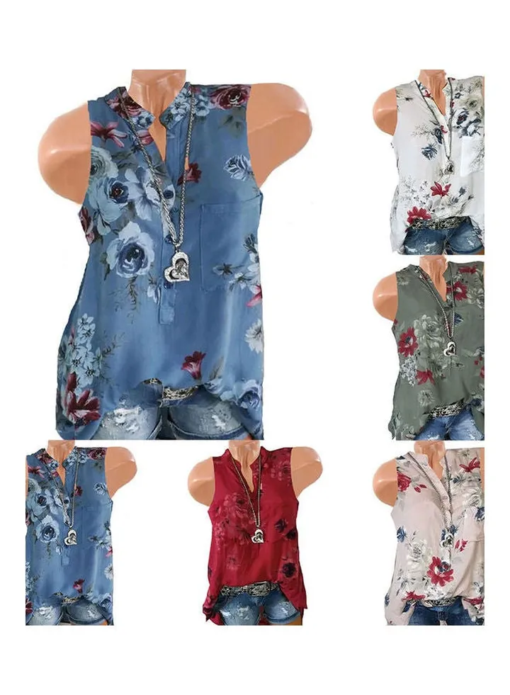 Plus Size Summer Retro Flower Print V Neck Sleeveless Women Loose Vest Tank Top Red