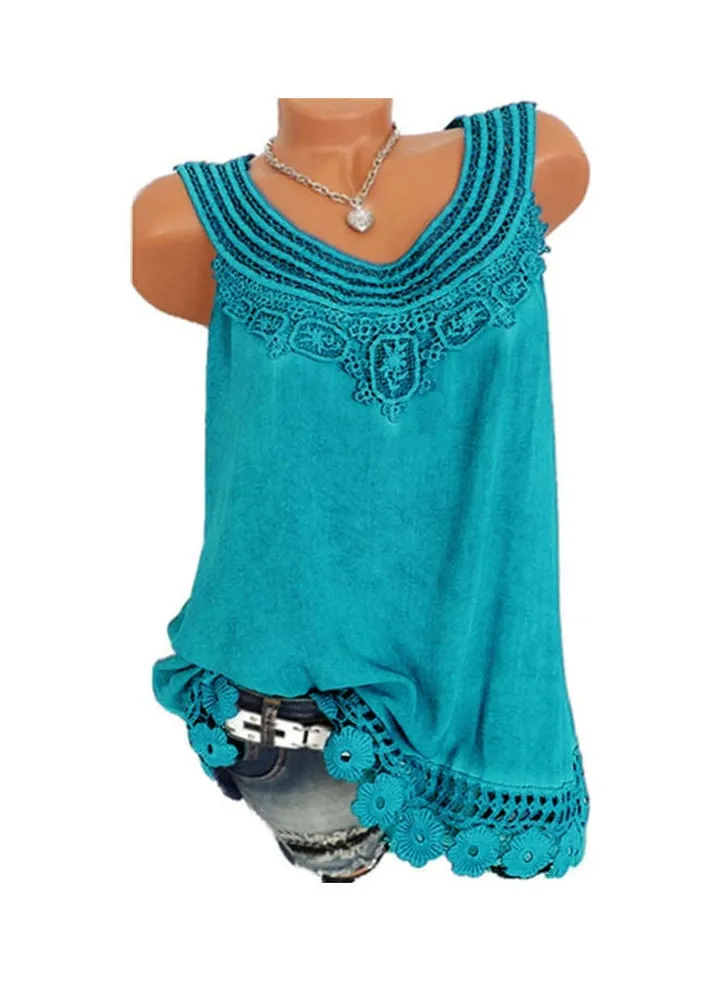 Summer Casual Lace Patchwork Sleeveless Tank Top Lake Blue