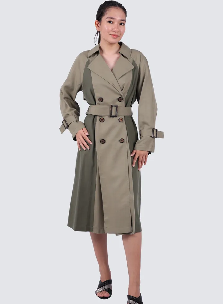 Women's Double Tone Belted Coat in Lt. safari