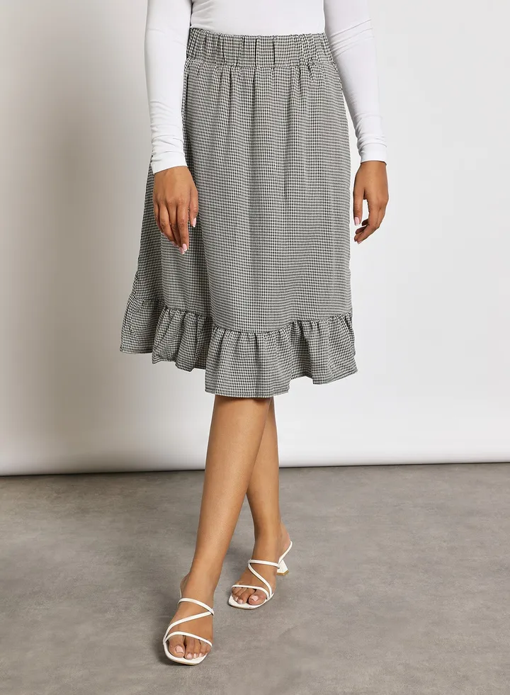 Women's Ruffled Hem Midi Skirt Black/White