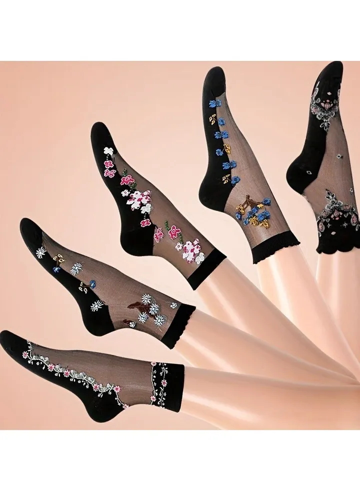 5 Pairs Floral No Show Socks Soft Lightweight Mid Tube Socks