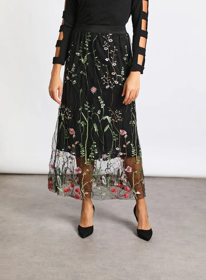 Women's Casual Floral Print Mesh A Linemidi Midi Skirt Multicolour