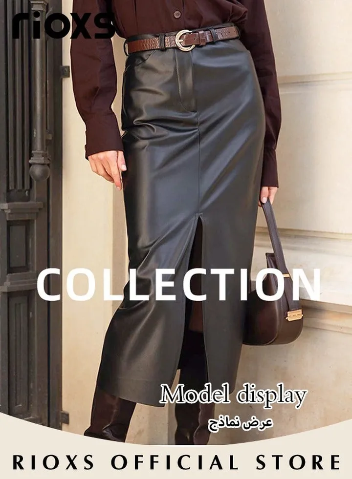 Women's Casual Classic Bodycon Pencil Skirt Slim Split Straight Leather Skirt High Waist Mid-Length Skirt