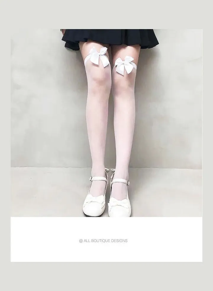Satin Bow Translucent Thigh High Stockings White