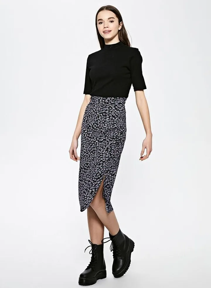 Elastic Waist Floral Patterned Maroken Women's Pencil Skirt