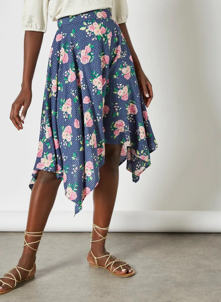 Casual Floral Flared Skirt Blue Aop