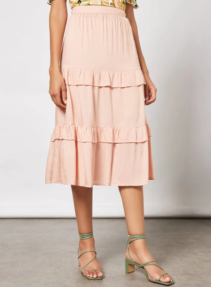 Women's Casual Tiered Ruffle Maxi Skirt Light Brown
