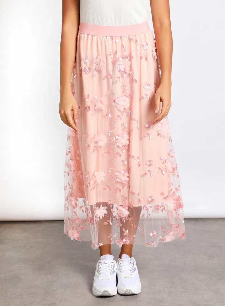 Women's Fashion Flower Tulle Mesh A-Line Skirt Pink