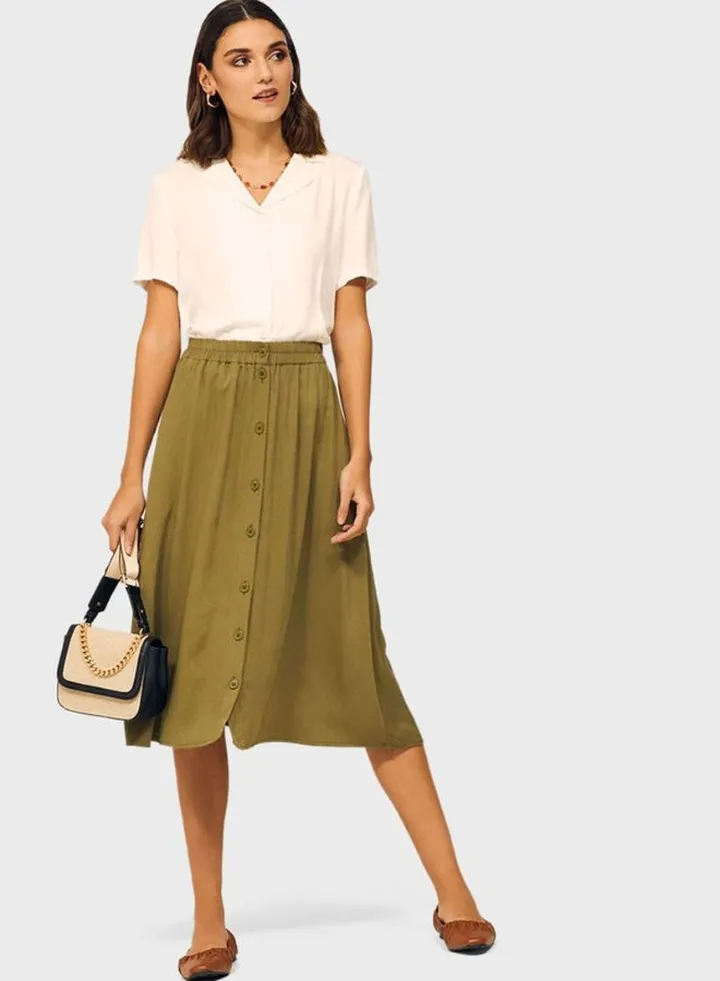 Button Down High-Rise Midi Skirt Green