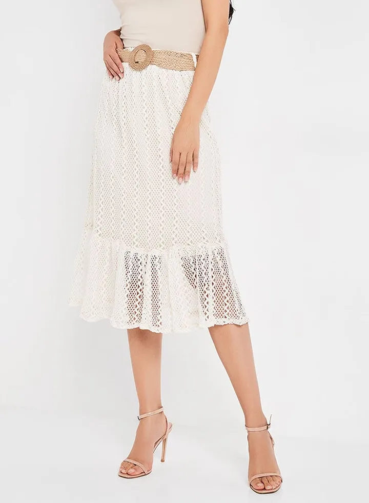 Straw Belt Detailed Midi Skirt Ecru