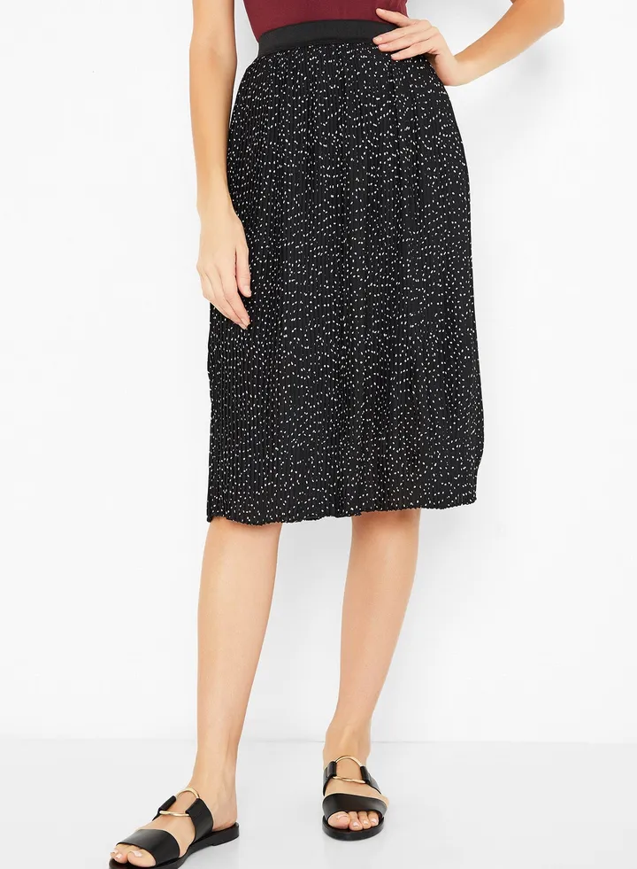 Dotted Plisse Midi Skirt Black