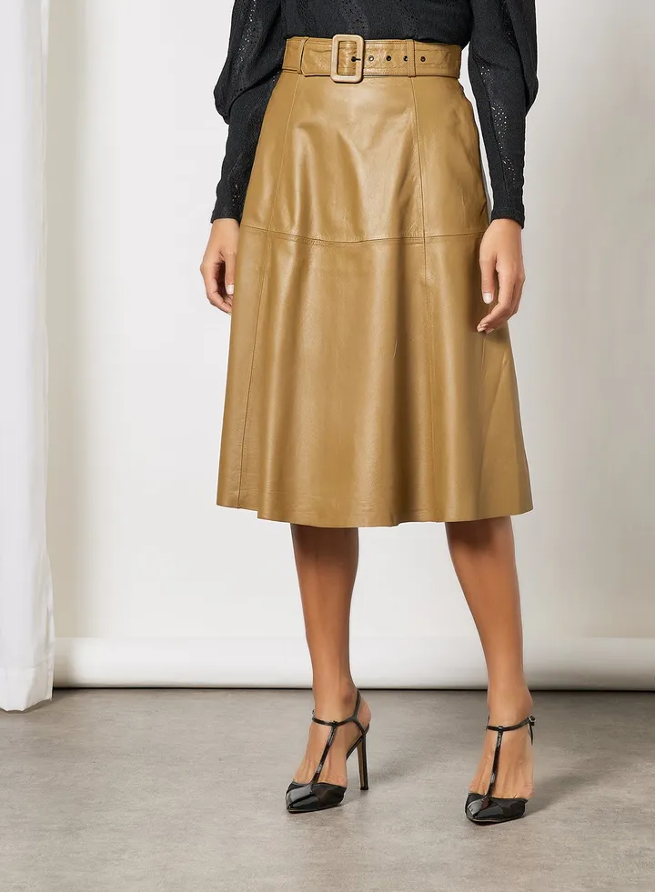 Belted Leather Midi Skirt Brown