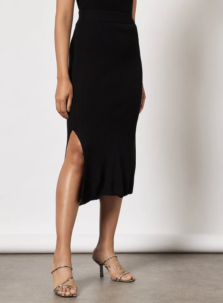 Dual Slit Ribbed Skirt Black