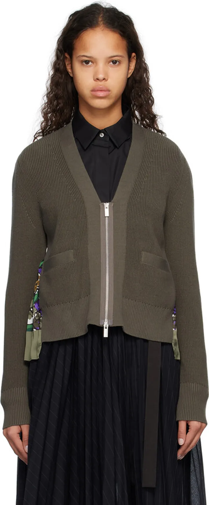 sacai Khaki Paneled Cardigan