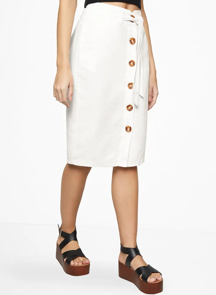 Belted Linen Skirt White