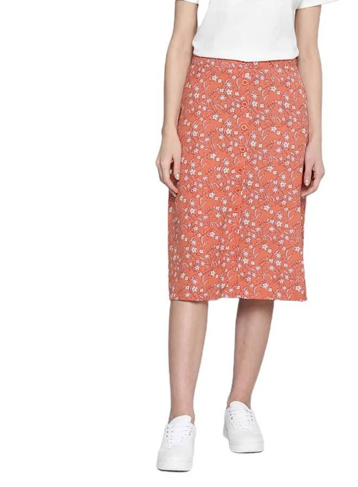 Stylish Floral Printed Midi Skirt Orange