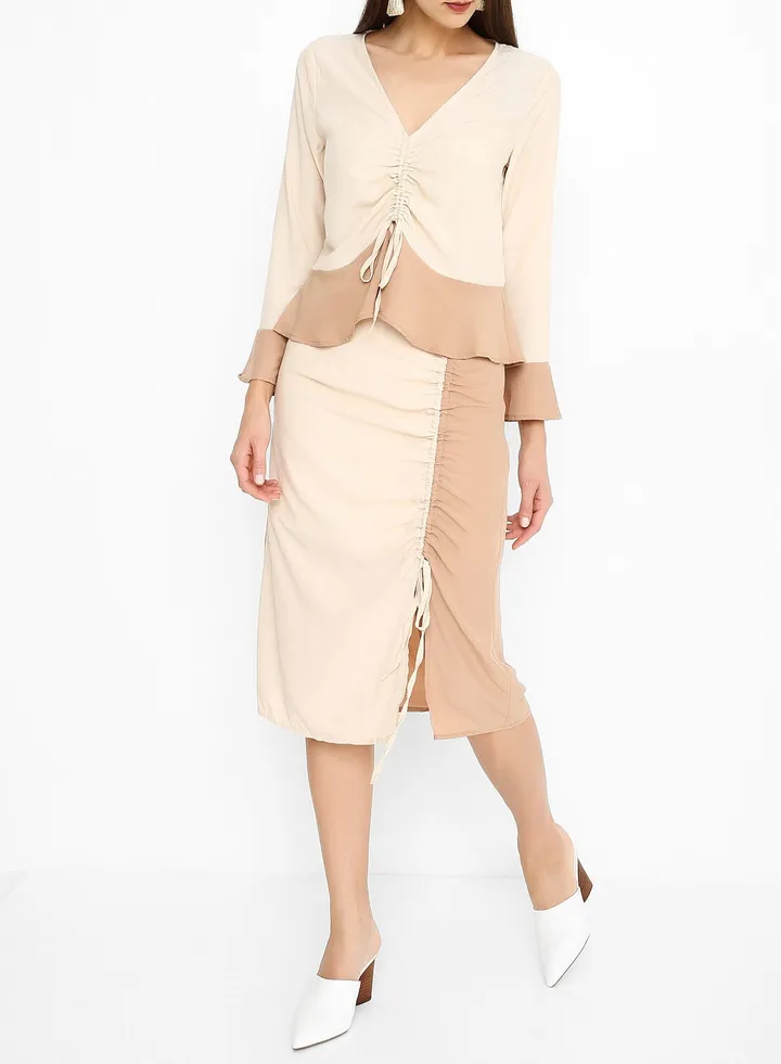 Multi Ruched Skirt Beige